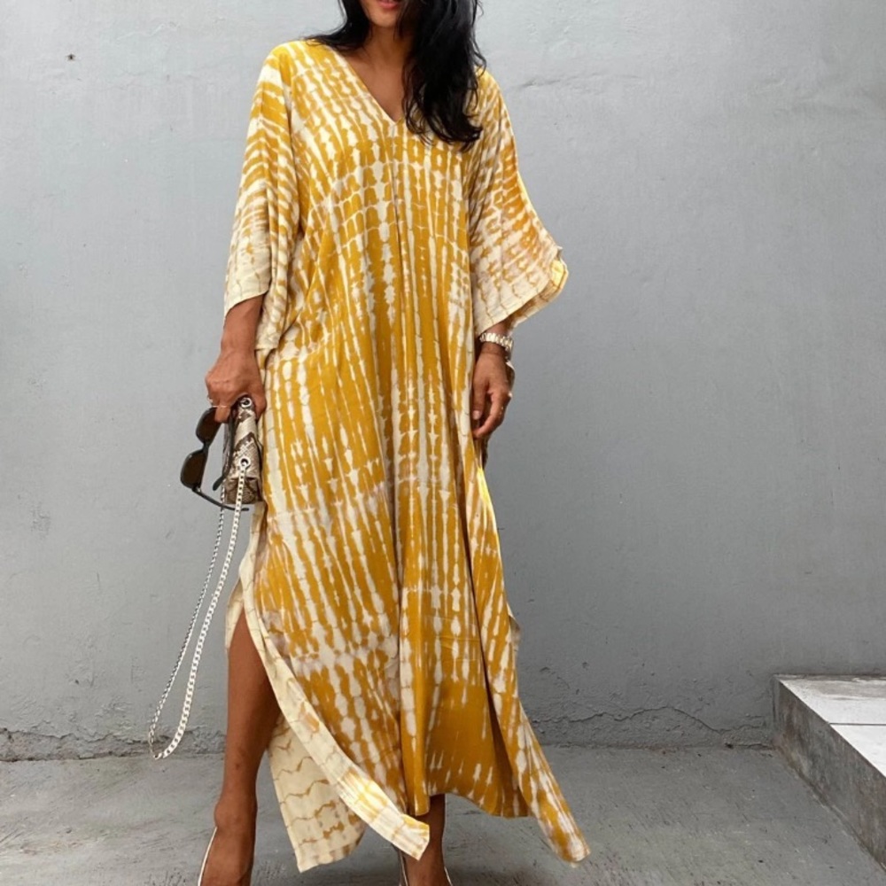 SOLD OUT New Mustard Bohemian Tie Dye Kaftan Kimono Dress - Picture 6 of 8